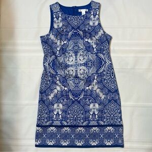 London‎ Times Dress Sleeveless Sheath Mosaic Print Sz 8 EUC Blue & White